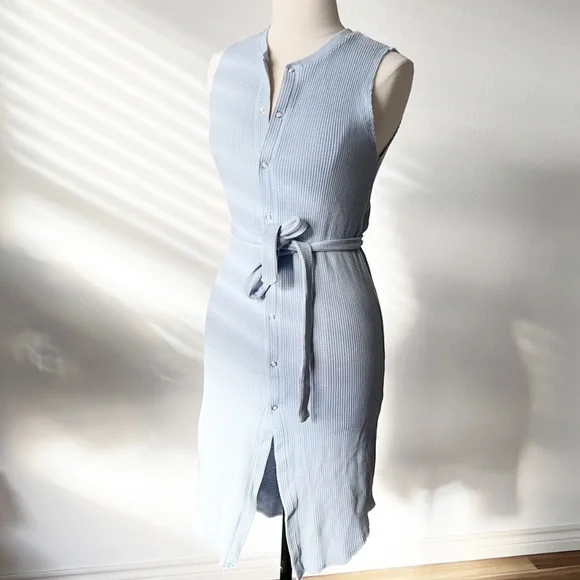 Zara light blue textured weave midi dress with button down front and waist Tie - Picture 10 of 14